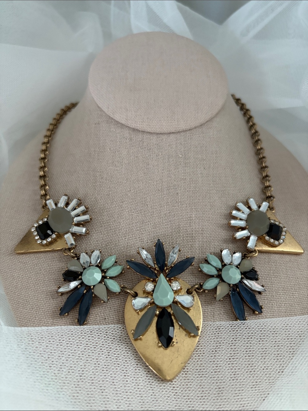 J. Crew Gold Floral Statement Necklace with Mint, Navy & Black Accents